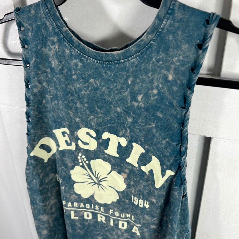 Dreamsicle Destin Florida Acid Wash Braided Side Tank Top Blue Small Hibiscus